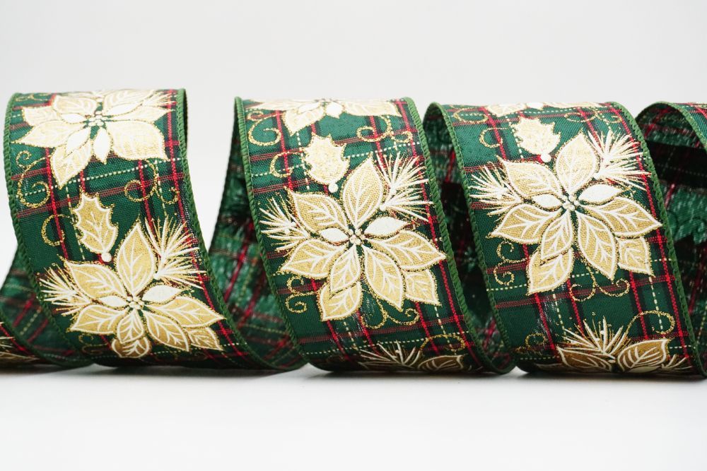 Золотой пуансеттия на красно-зеленой/черной клетчатой ленте